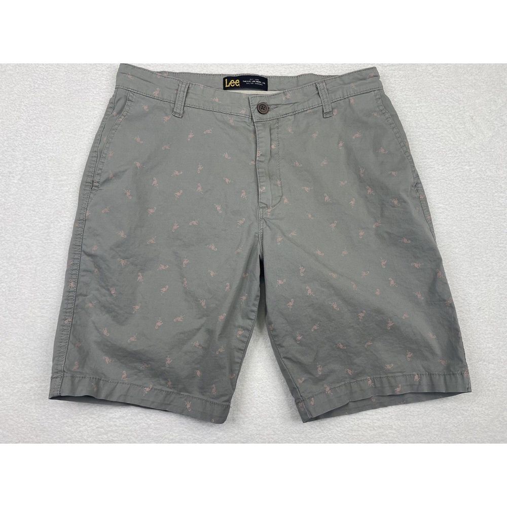 Lee Men's Gray Flat Front Chino Pink "Flamingo"‎ Pattern Shorts size 33.